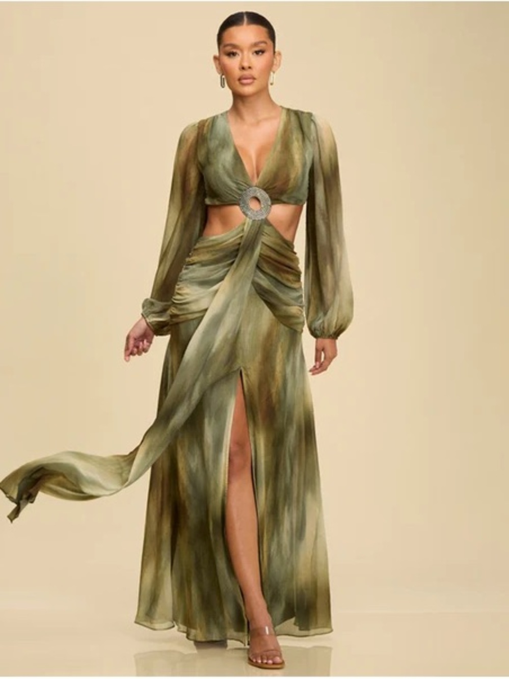 Elegant Olive Multi-Color Print Maxi dress with embellishments and cutout